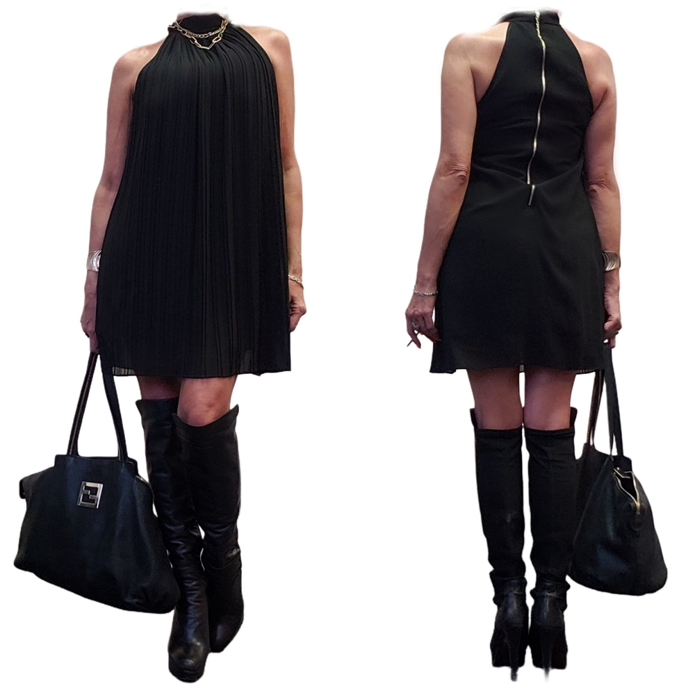 Black Sleeveless High Neck Pleated Front Mini Trapeze Dress Size Small